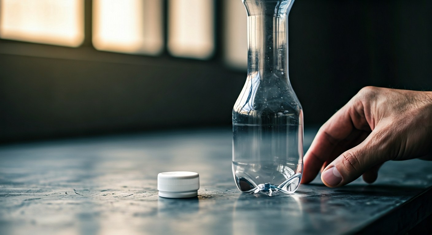 Plastic Sorting Challenges in 2026 Clear plastic bottle and white cap on a gray industrial surface with soft window lighting and realistic dust.
