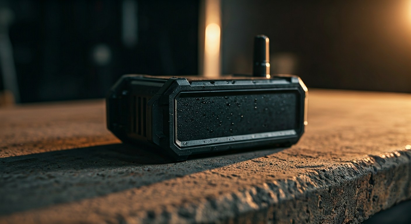 Rugged MIL-SPEC Warehouse Radio Durability A ruggedized black two-way radio sits on a textured concrete surface during golden hour in a warehouse.