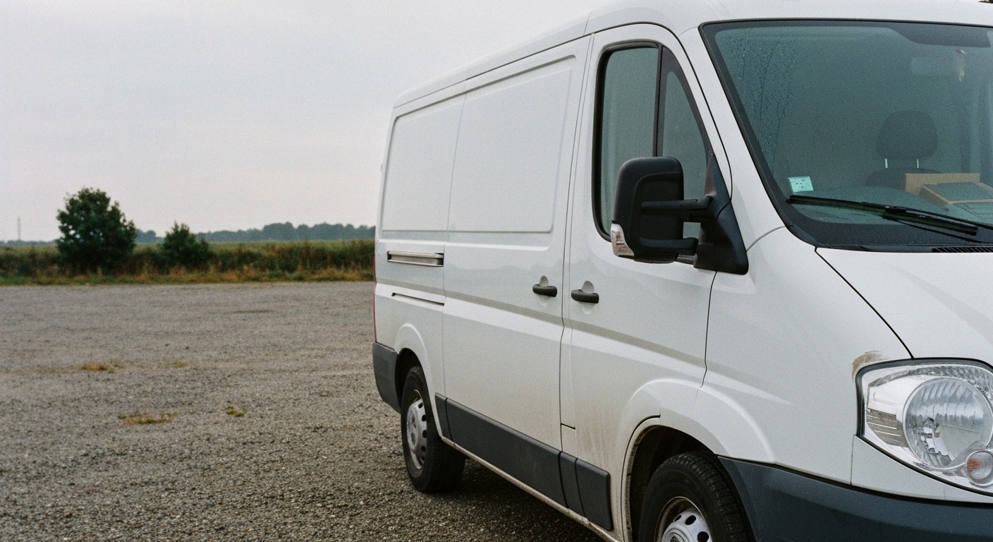 Rural Last-Mile Delivery Station A white delivery van parked at a rural delivery station on a cloudy morning with a gravel foreground.