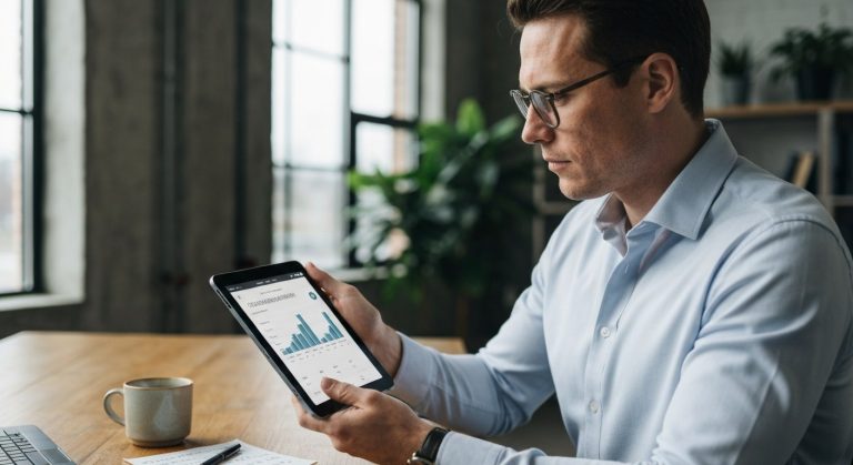 A professional in a modern office looking at a tablet with a clean data dashboard in soft natural light.