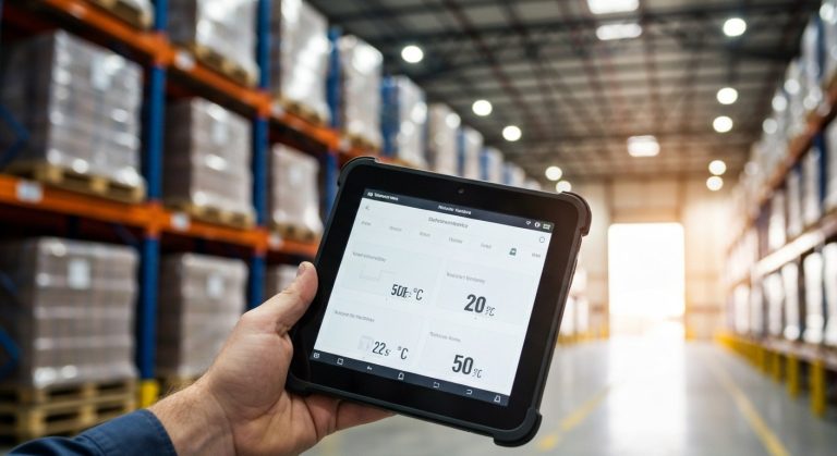 Close-up of a hand holding a digital tablet displaying warehouse climate data in a modern storage facility.