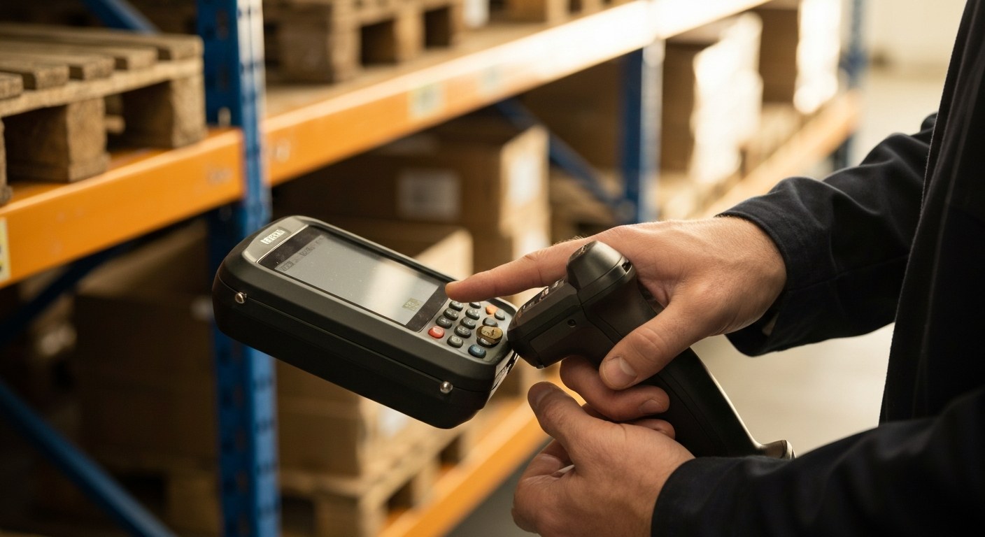 Close-up of a warehouse worker using a handheld scanner for real-time inventory tracking.