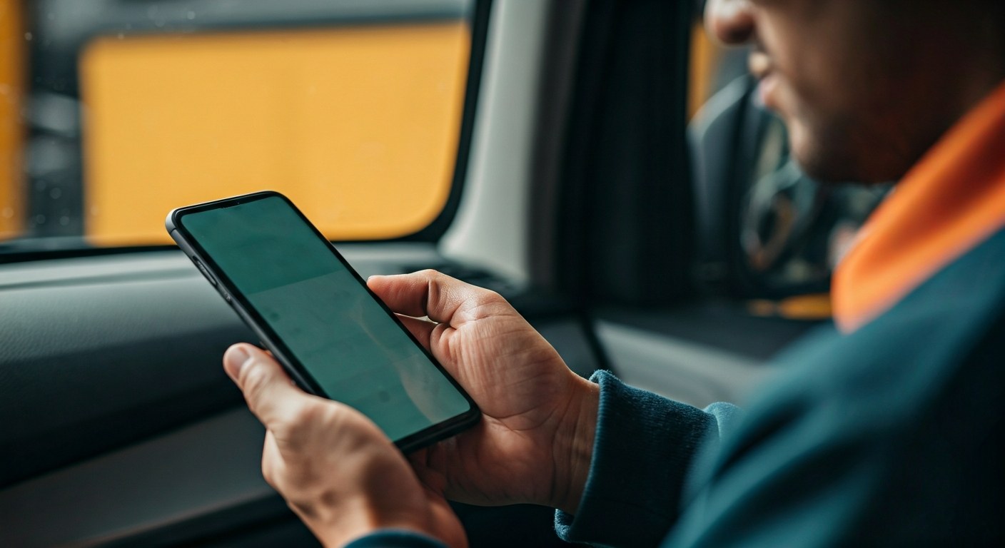 Ensuring Digital Security on the Road A close-up of a delivery driver's hands holding a smartphone in a vehicle, emphasizing a professional, authentic scene.