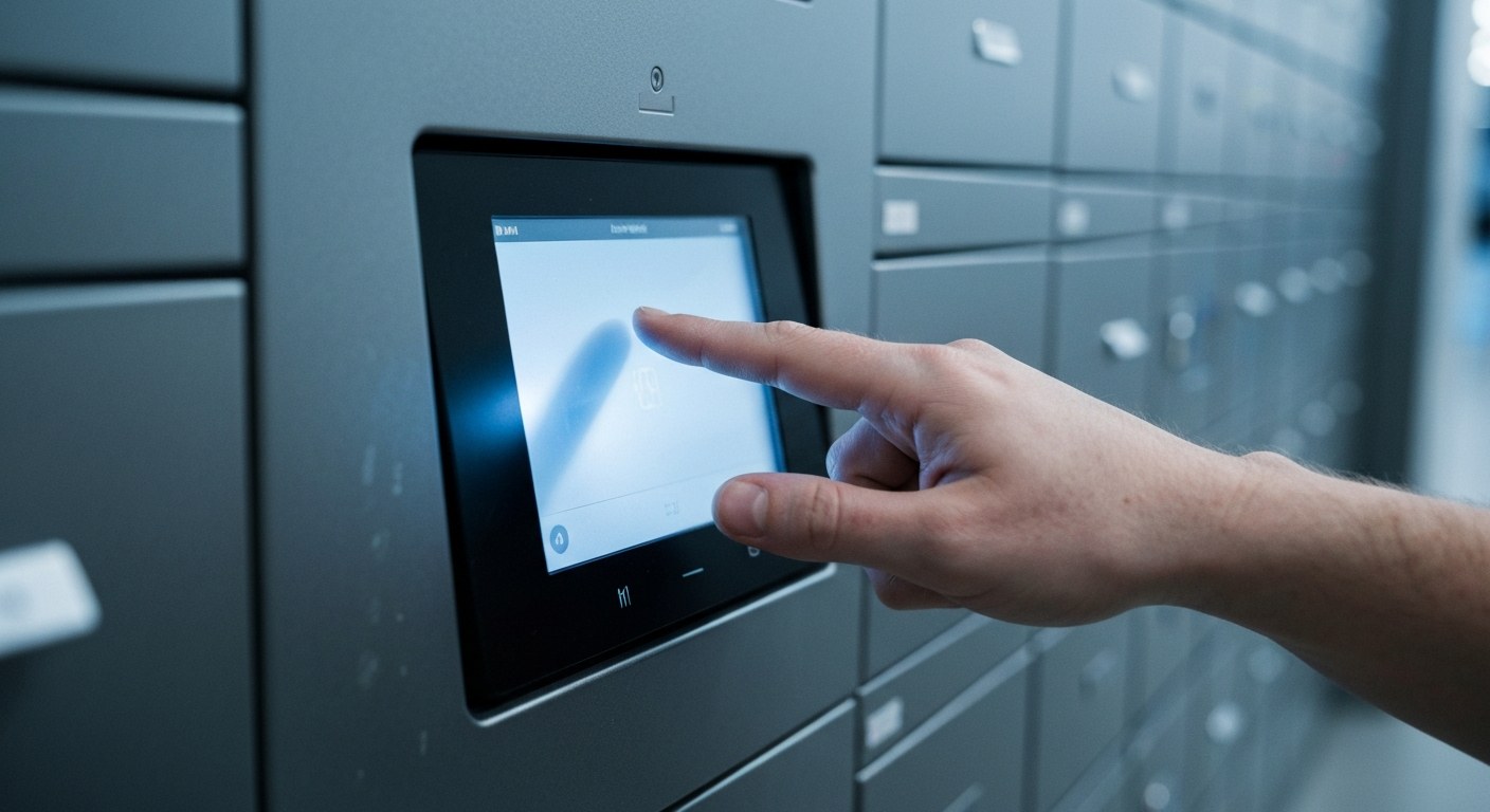 Secure Package Pickup Locker Interface A close-up of a person's hand interacting with a secure metal pickup locker screen.