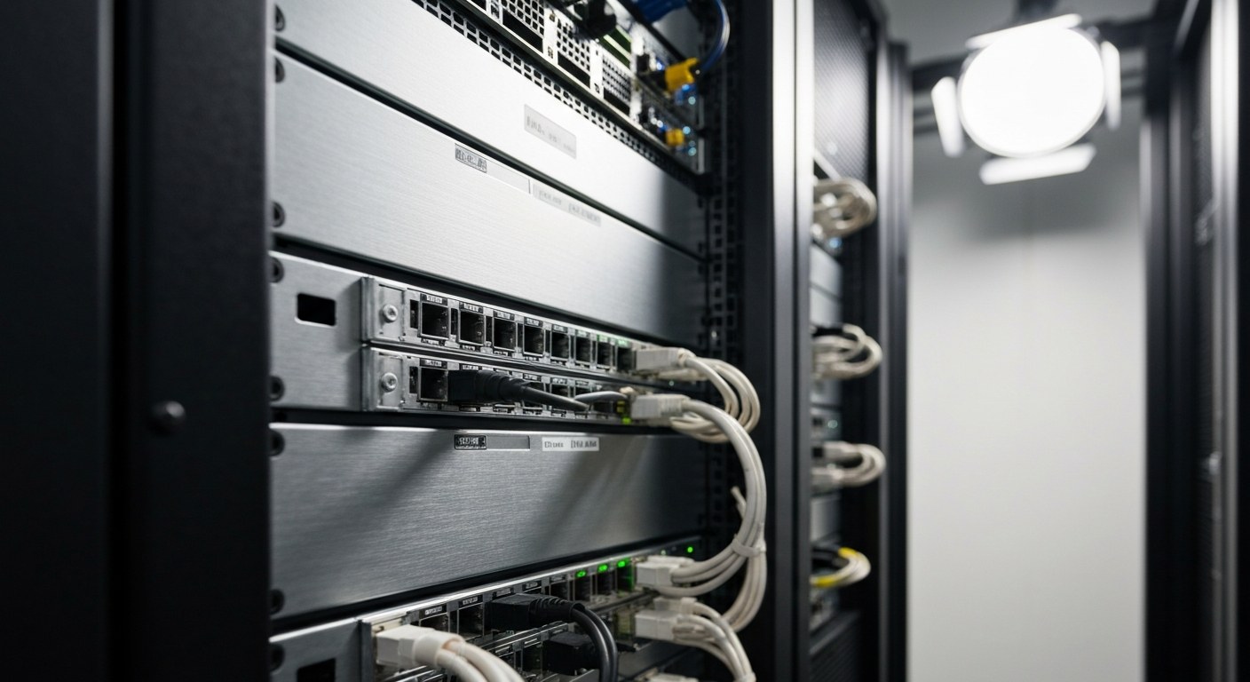 Secure Data Warehouse Infrastructure Modern server rack hardware in a data center facility.