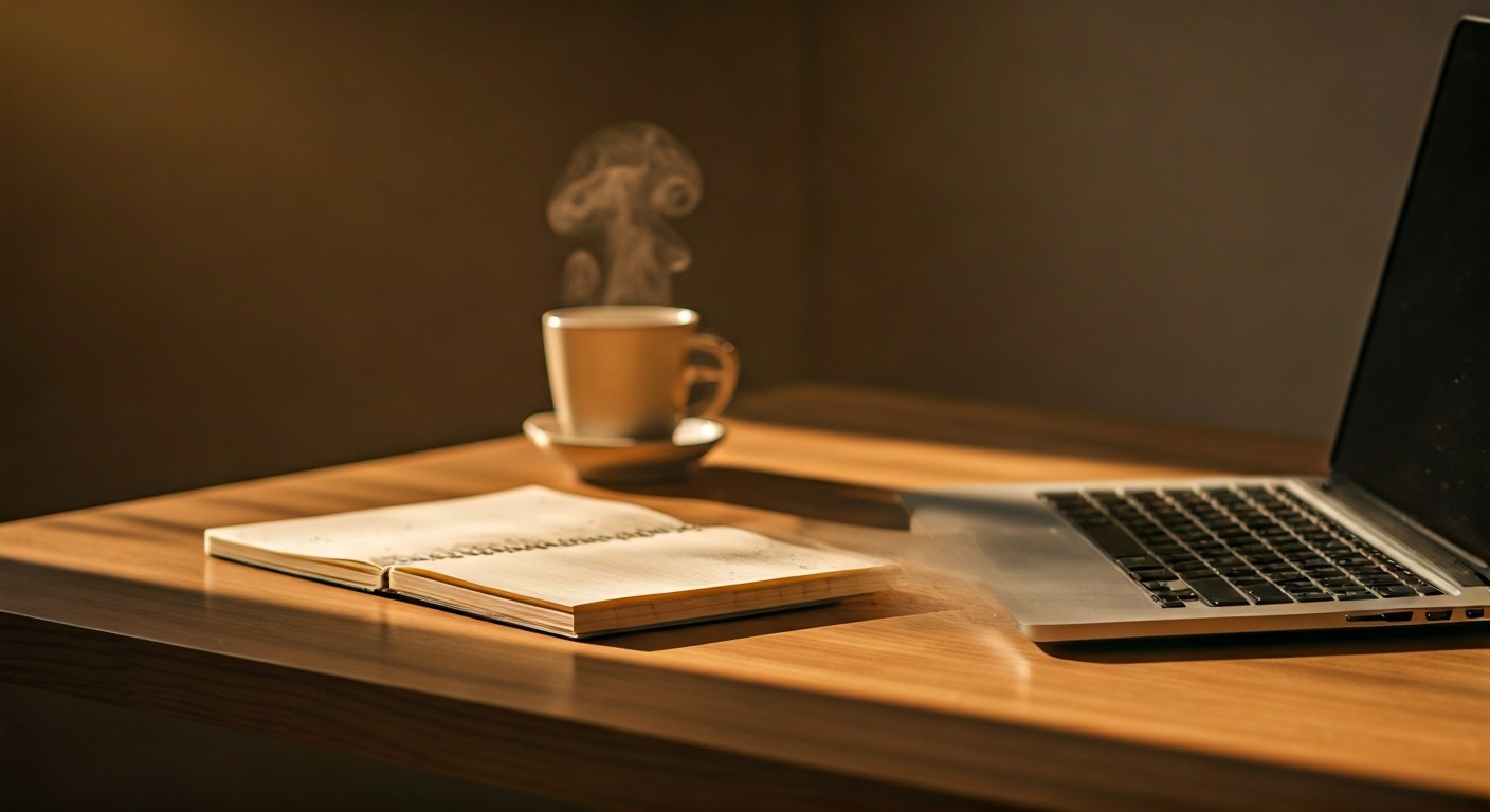 A professional desk setup with an open laptop and a steaming cup of coffee during golden hour.