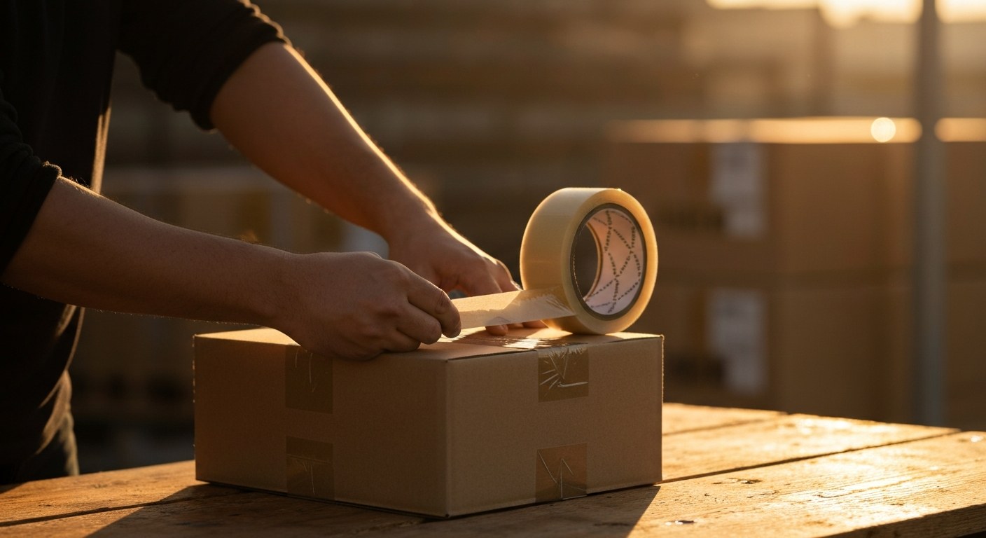 Close-up of hands professionally sealing a cardboard shipping box in a fulfillment center.