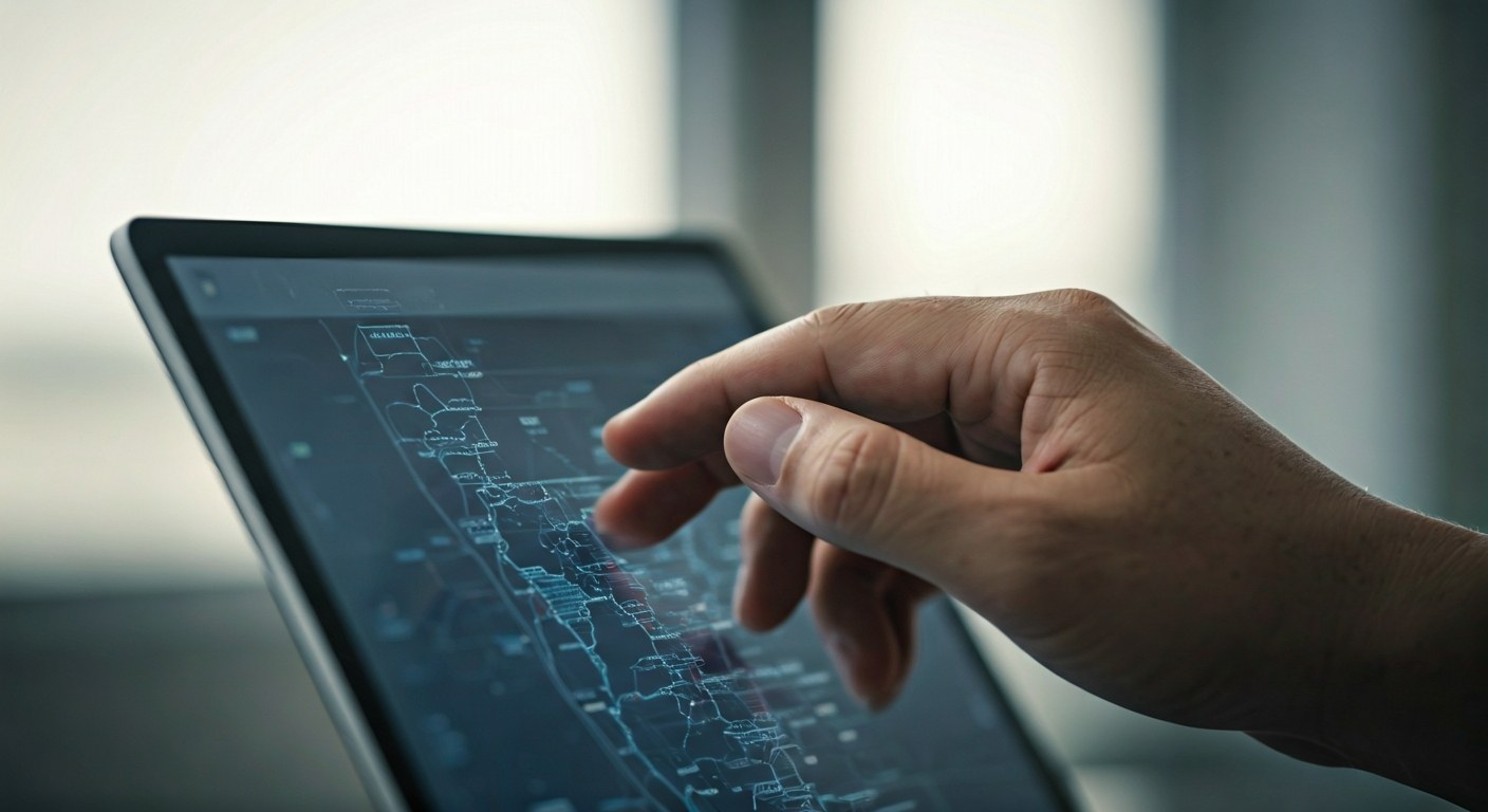 Navigating the SecuroServ Interface Close-up of a person's hand pointing at a digital warehouse location on a screen.