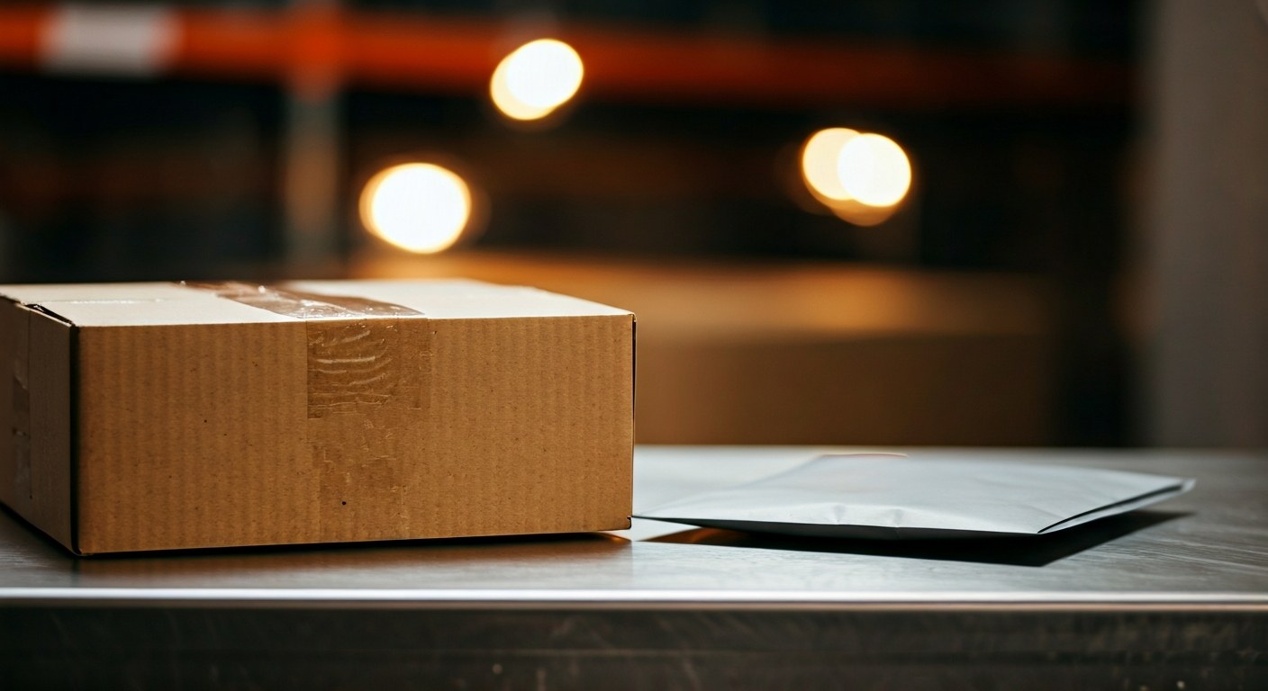 Shipping Box vs Poly Mailer Comparison A brown cardboard box and a grey poly mailer sit side-by-side on a metal warehouse packing table.