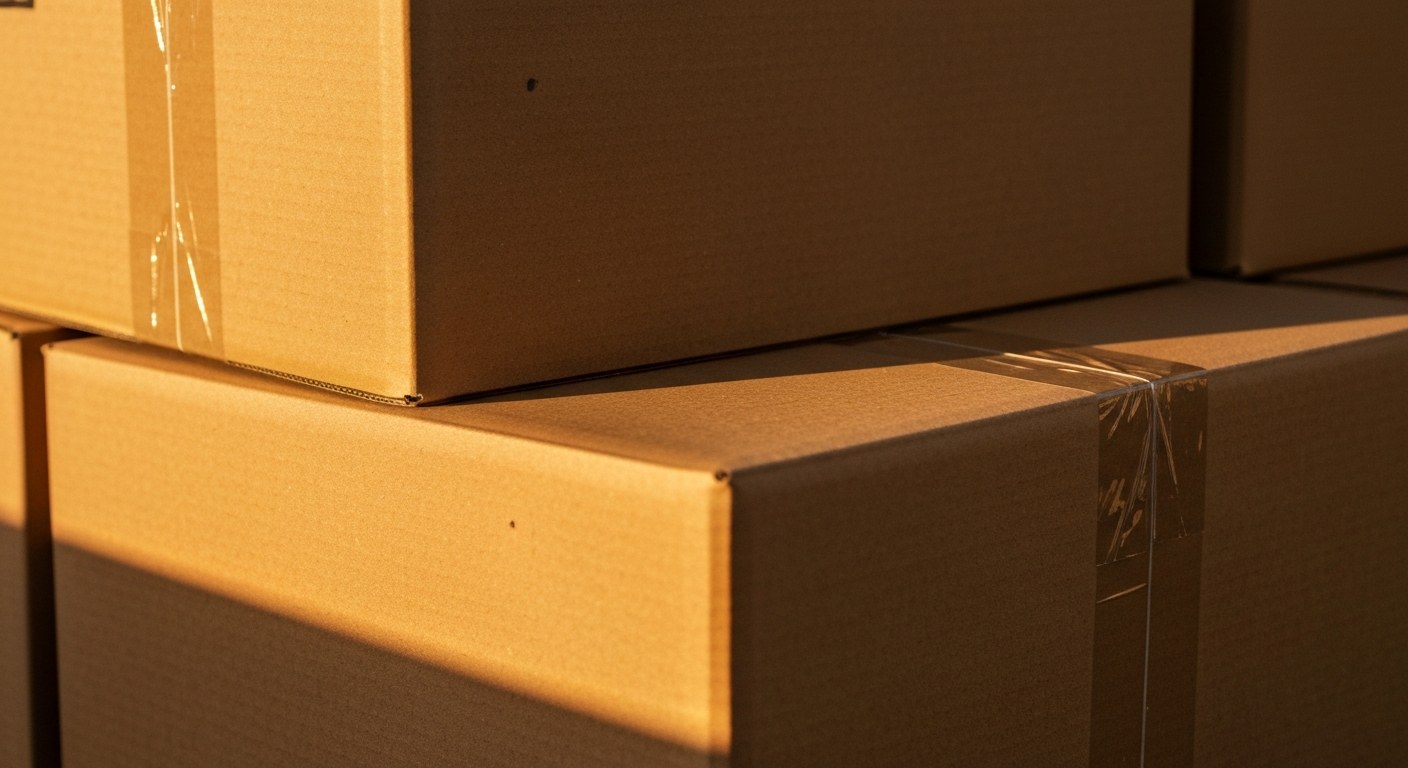 Optimizing Shipping and Storage Fees Stacked shipping boxes in warm golden hour light, showing natural wear and texture.