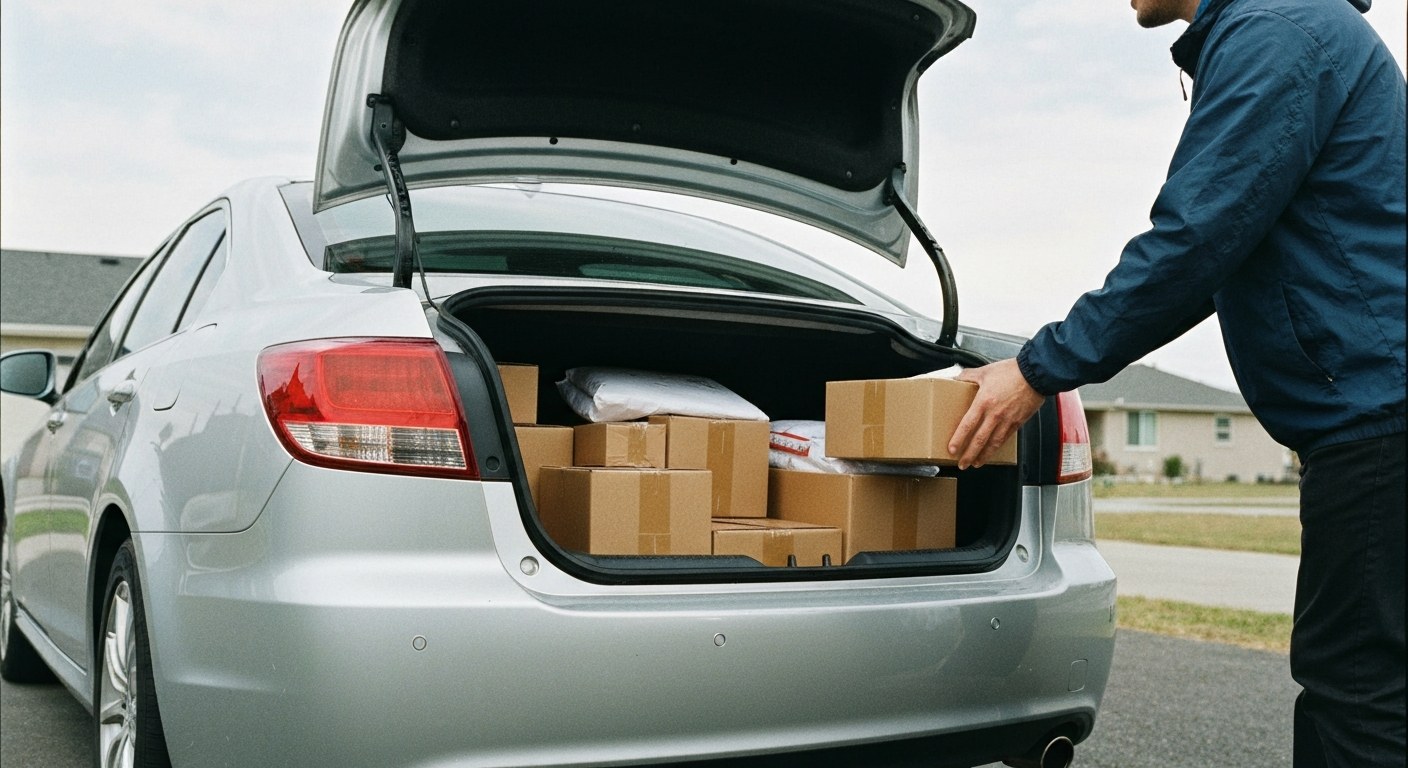 Amazon Flex Delivery Vehicle and Packages A silver sedan with its trunk open, filled with cardboard packages and mailers in a suburban driveway.
