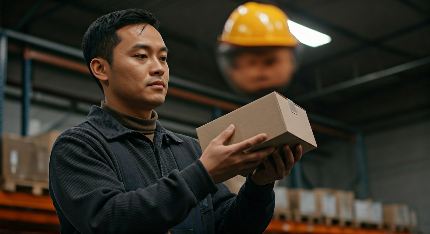 Smart Packaging Integration in Modern Logistics A professional in a modern warehouse inspects a sleek smart package under natural overhead light.