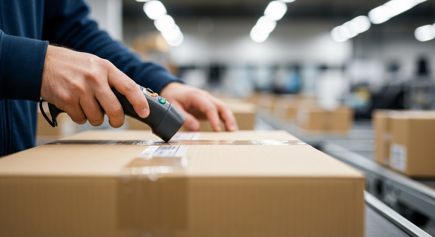 Precision in the Sortation Process Close-up of a warehouse worker's hands using a handheld scanner on a cardboard package.