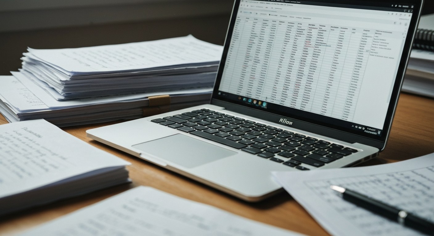 A cluttered desk with a laptop displaying a messy, overcrowded inventory spreadsheet next to piles of chaotic paperwork.