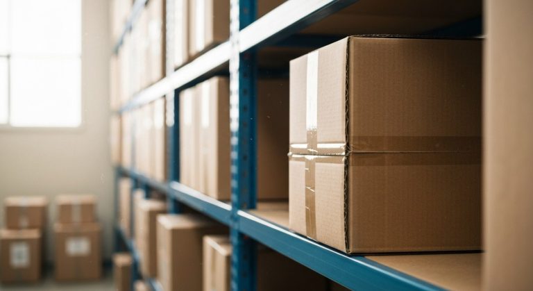 Close-up of stacked cardboard boxes on metal shelves in a dimly lit warehouse with soft natural light.
