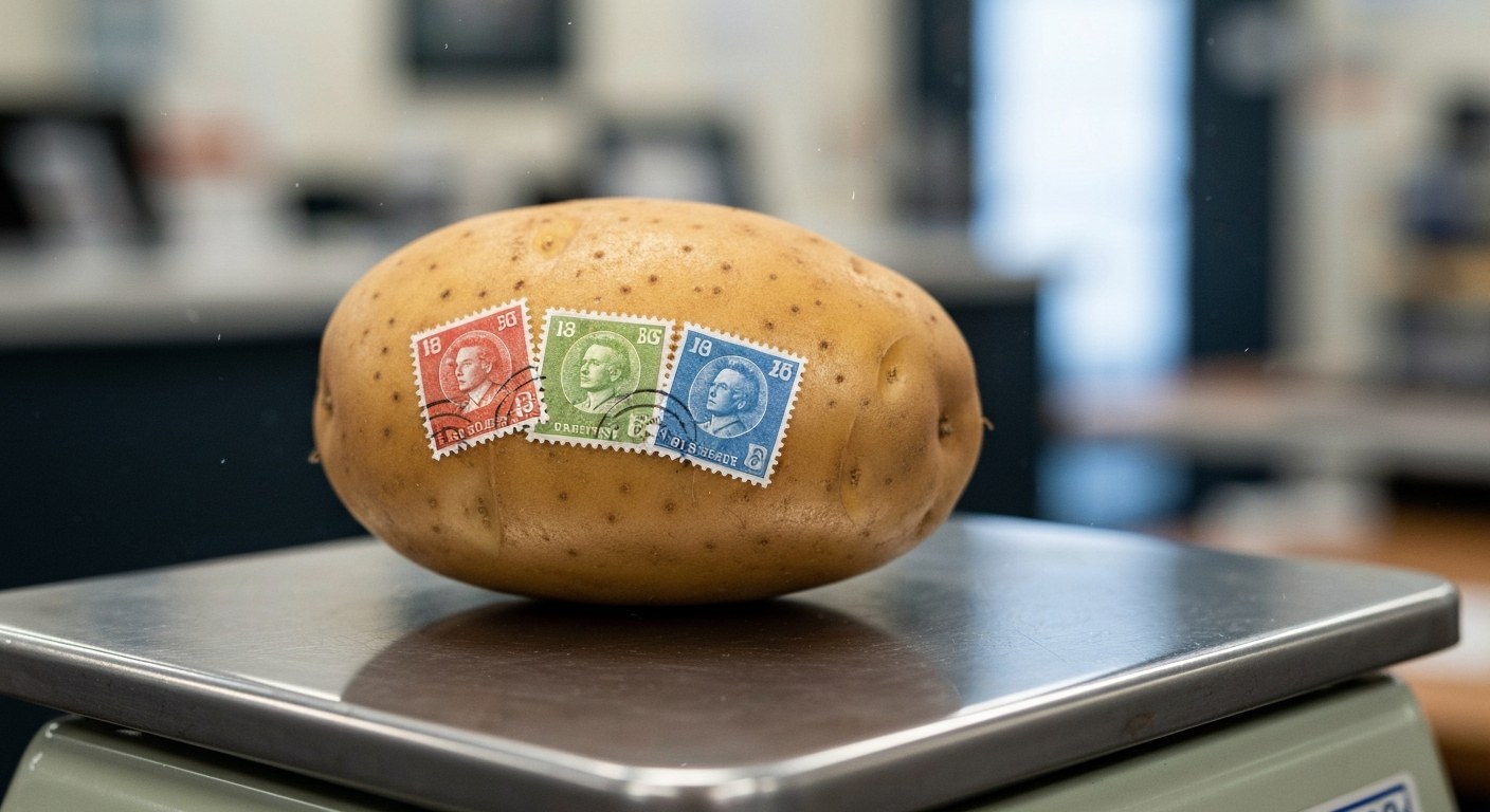 Weighing an Unpackaged Potato A large potato with postage stamps attached sits on a silver digital postal scale in a brightly lit room.