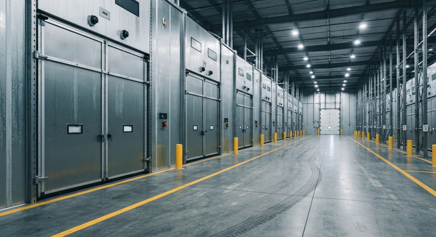 State Warehousing Cold Storage Facility Interior view of a massive cold storage warehouse with climate-controlled units and industrial doors.