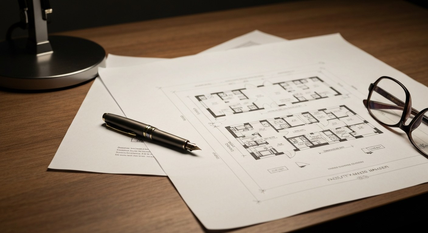 Architectural blueprints and office supplies on a wooden desk, representing strategic inventory planning.