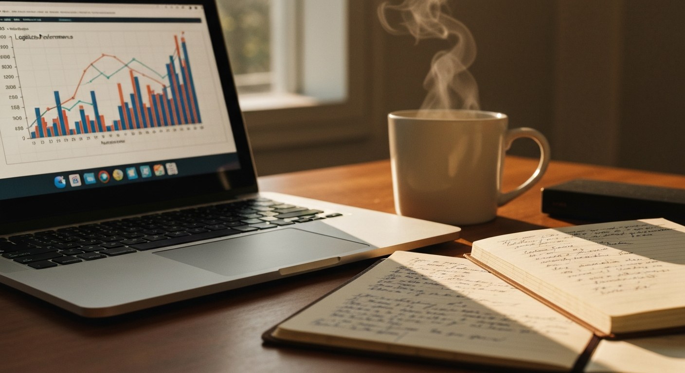 A desk with a laptop, handwritten notebook, and coffee mug, representing strategic planning.