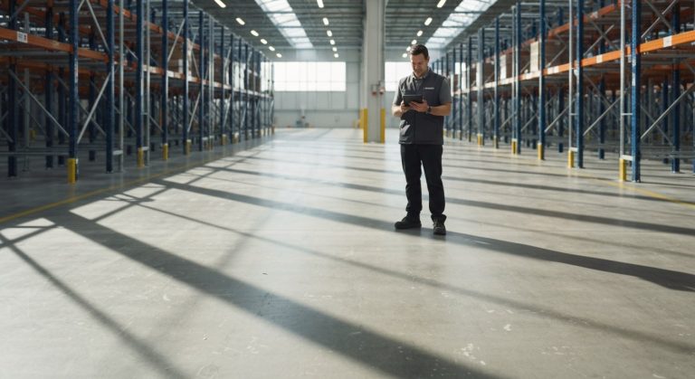 Warehousing and Inventory Management: 5-Step Guide (2026) 6 A modern warehouse supervisor monitoring an automated distribution center with high-tech shelving and natural lighting.