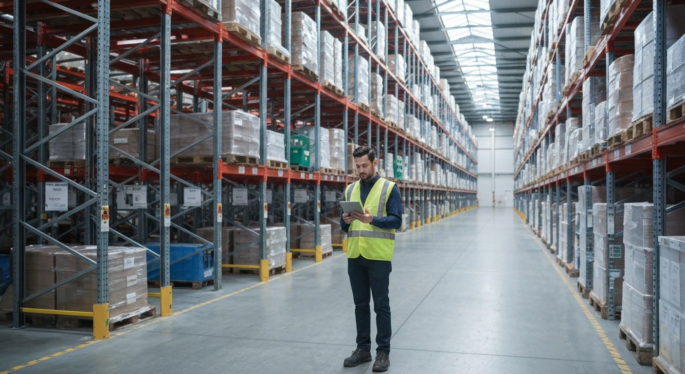 Warehousing as a Strategic Logistics Hub A logistics coordinator stands on a warehouse floor holding a tablet, with automated shelving in the background.