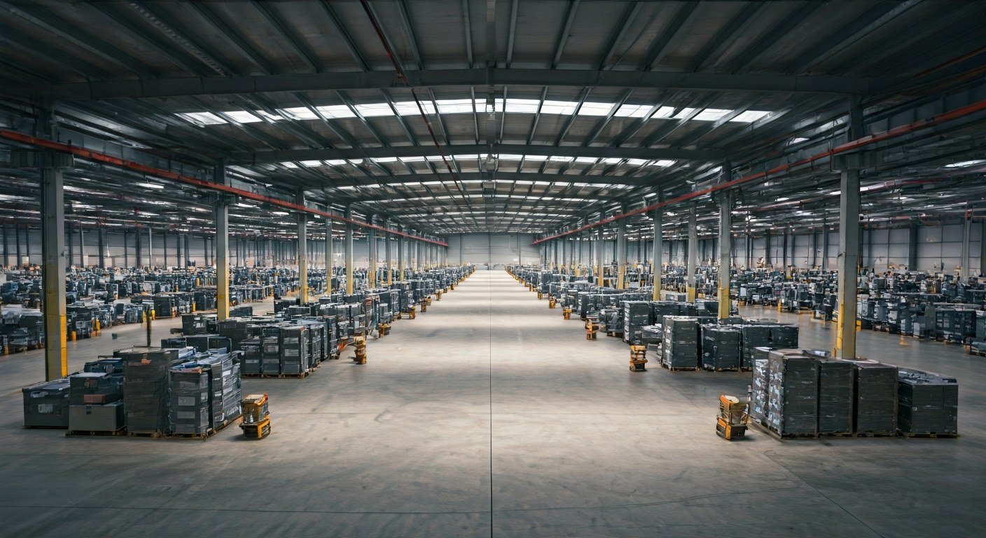 A high-angle view of a modern, organized, and automated warehouse facility.