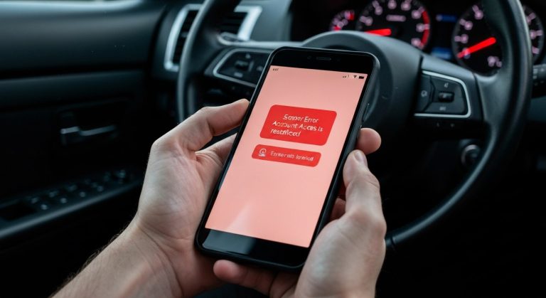 Close-up of stressed driver hands holding a smartphone showing an account access error in a dark car