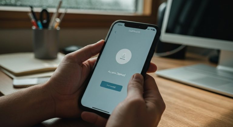Person looking at a login screen on a smartphone while sitting at a desk.