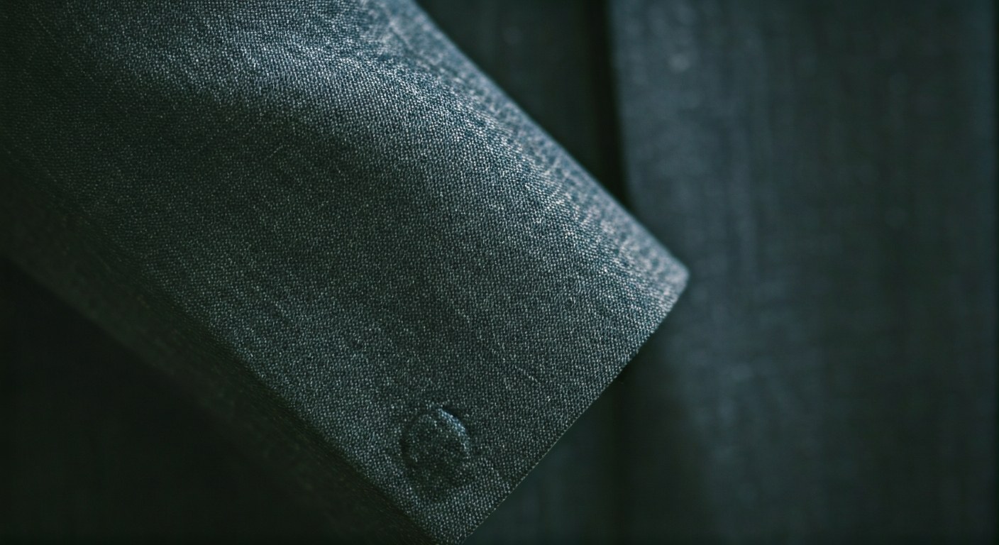 Close-up of premium wool suit sleeve stitching and fabric texture.