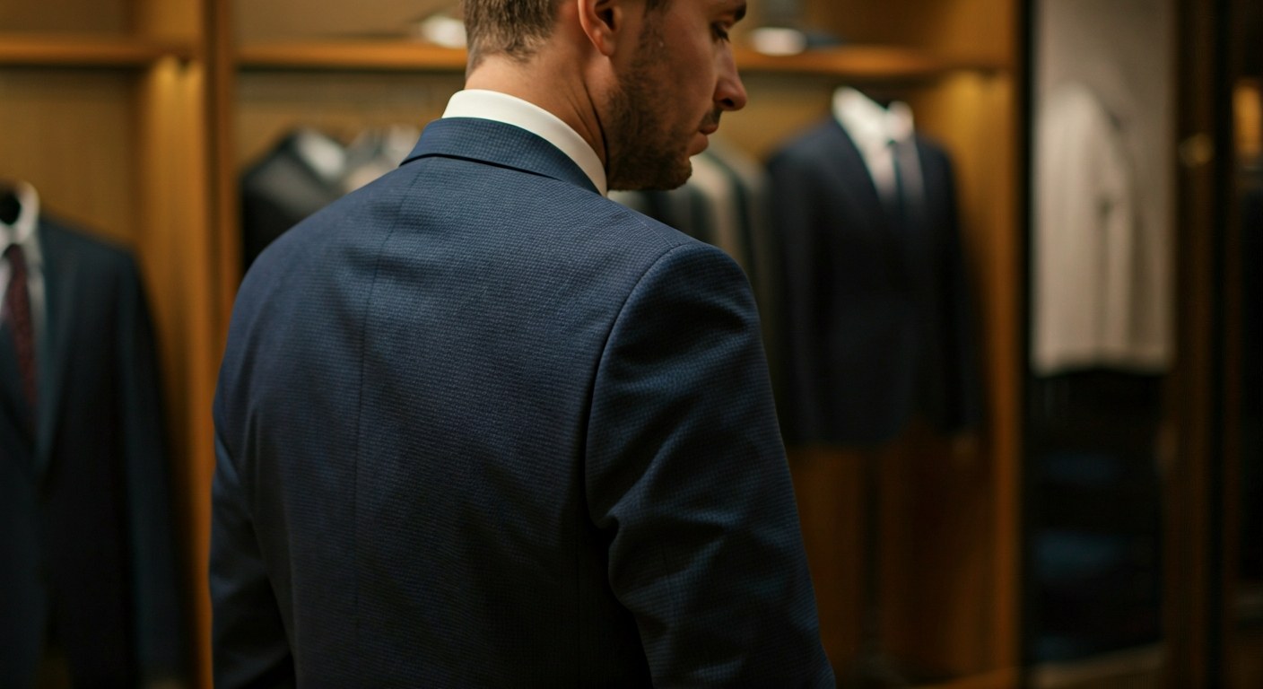 Man trying on a suit jacket in a tailoring studio during golden hour.