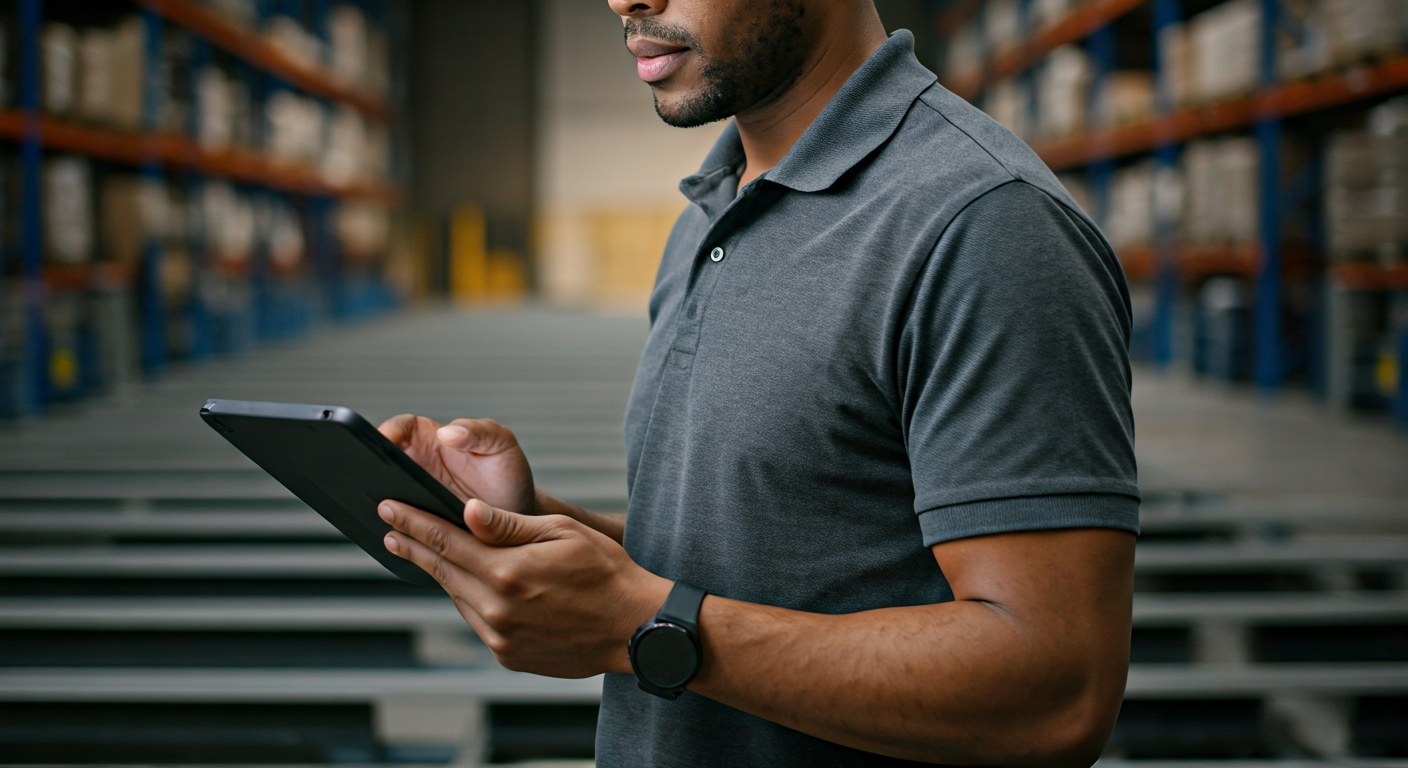 Supervisor Interview Outfit and Tech A warehouse supervisor candidate in a grey polo shirt holding a tablet in an automated distribution center.