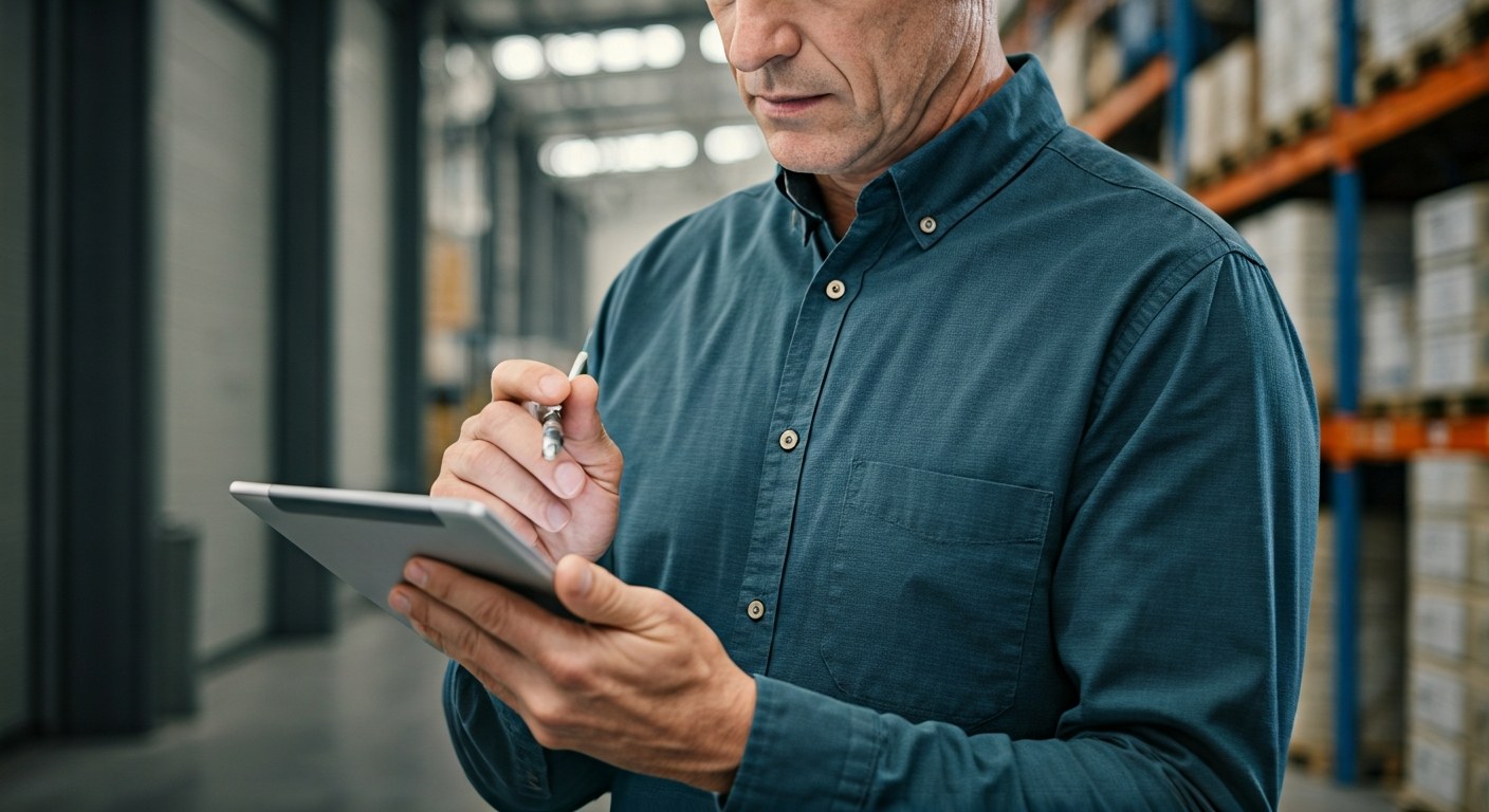 Logistics manager reviewing complex supply chain data on a tablet in a modern warehouse environment.