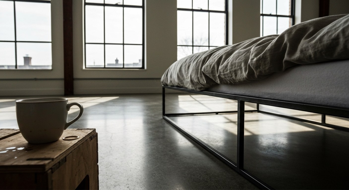 Sustainable Home Furnishings from Amazon Resale A modern loft bedroom featuring a minimalist metal bed frame and soft natural sunlight from large windows.