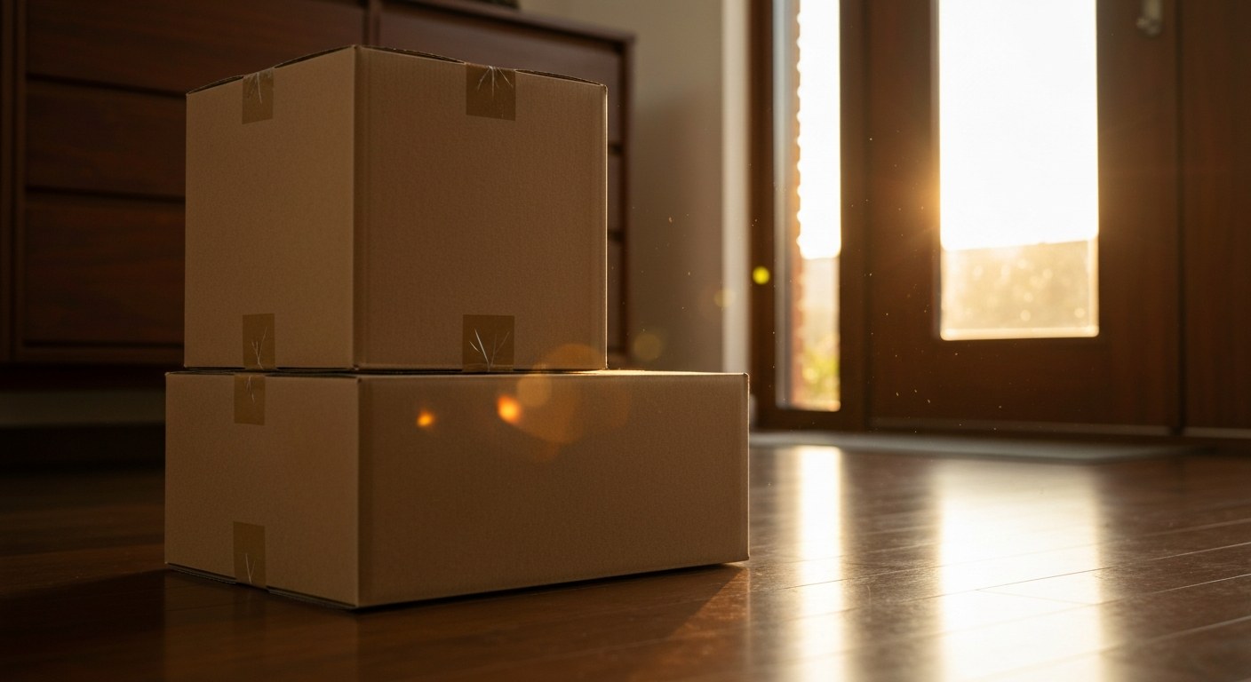Sustainable E-commerce Shipping Packaging A stack of clean, tape-free shipping boxes on a wooden floor during golden hour.