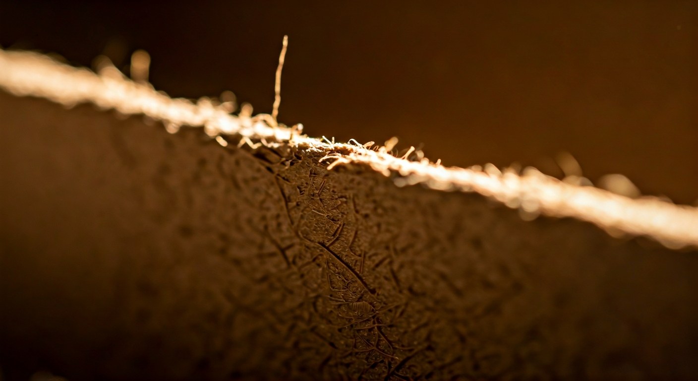 Macro view of raw, sustainable molded pulp packaging material showing detailed natural texture.