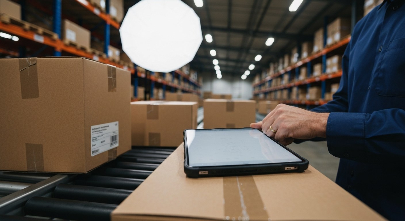 Corporate Sustainable Logistics Management Close-up of hands holding a tablet in a modern warehouse with sustainable packaging boxes on a conveyor belt.