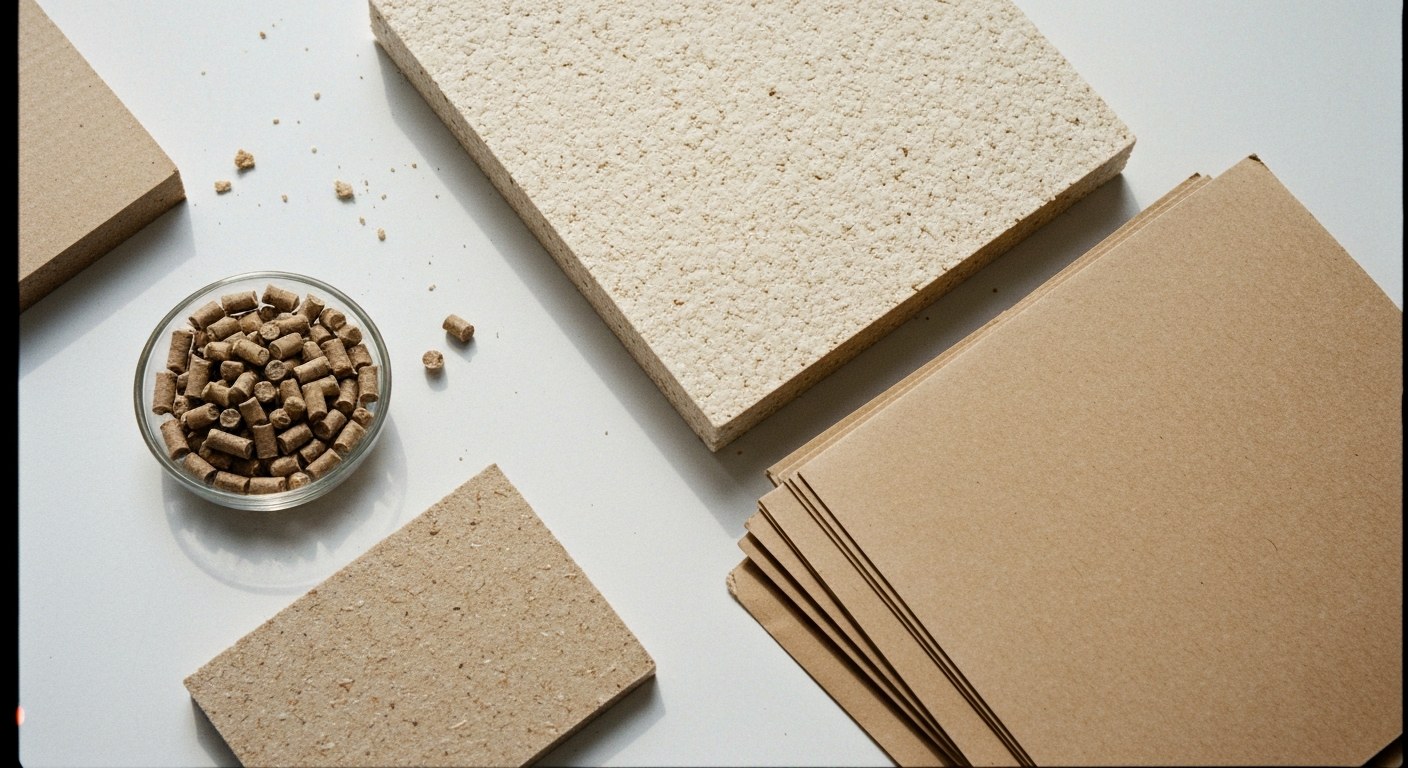 Sustainable Packaging Material Samples on Desk A variety of sustainable packaging materials like PCR pellets and mycelium foam arranged on a professional workspace.
