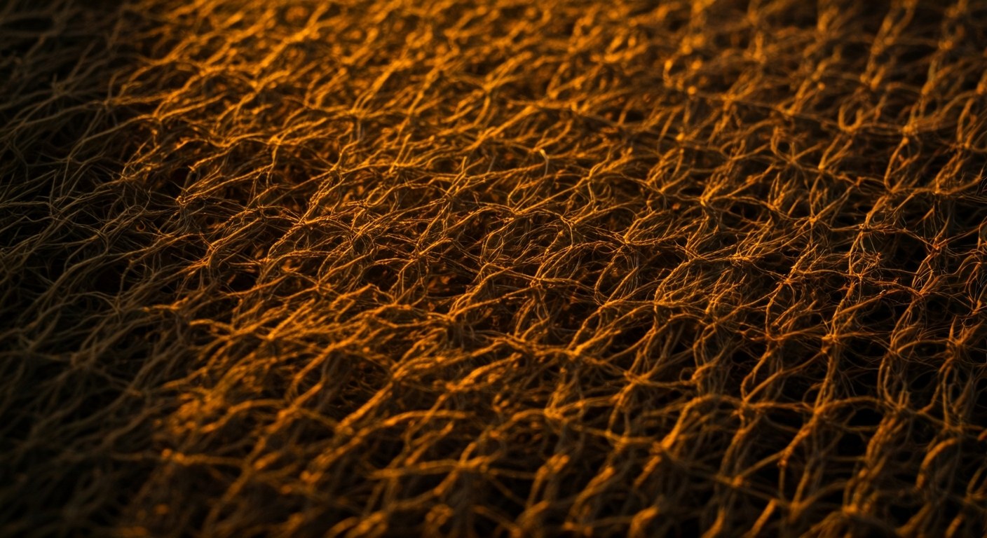 Innovative Packaging Materials Close-up macro shot of a complex lattice structure made from sustainable, recycled packaging material.