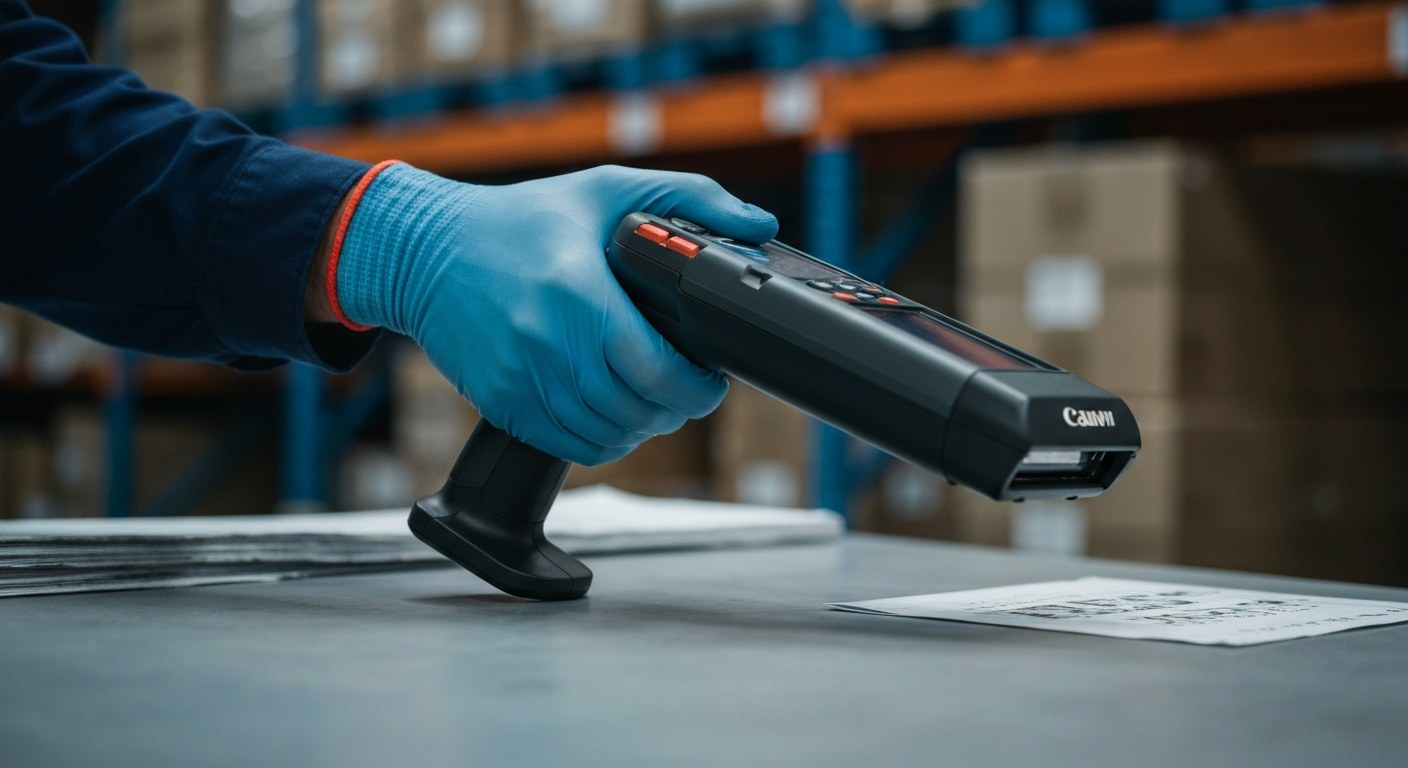Professional Package Handler Dexterity and Scanning Warehouse worker in blue and black synthetic gloves using a handheld barcode scanner on a package.