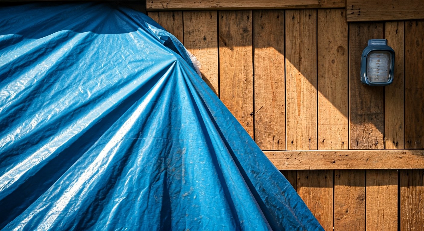 The Transition to Permanent Encampment A makeshift shelter wall made of blue tarp and wooden pallets with a small solar lamp attached.