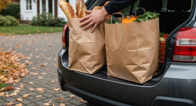 Close-up of a driver loading brown grocery bags filled with Thanksgiving produce into a car trunk on an autumn day.