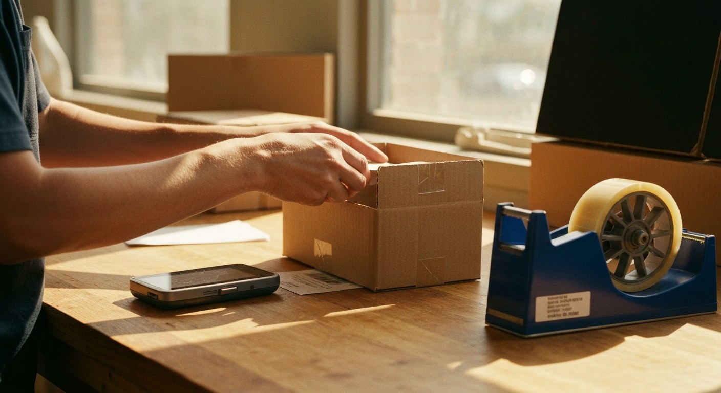 A close-up of a worker's hands at a logistics workstation, assembling a package under warm afternoon light.
