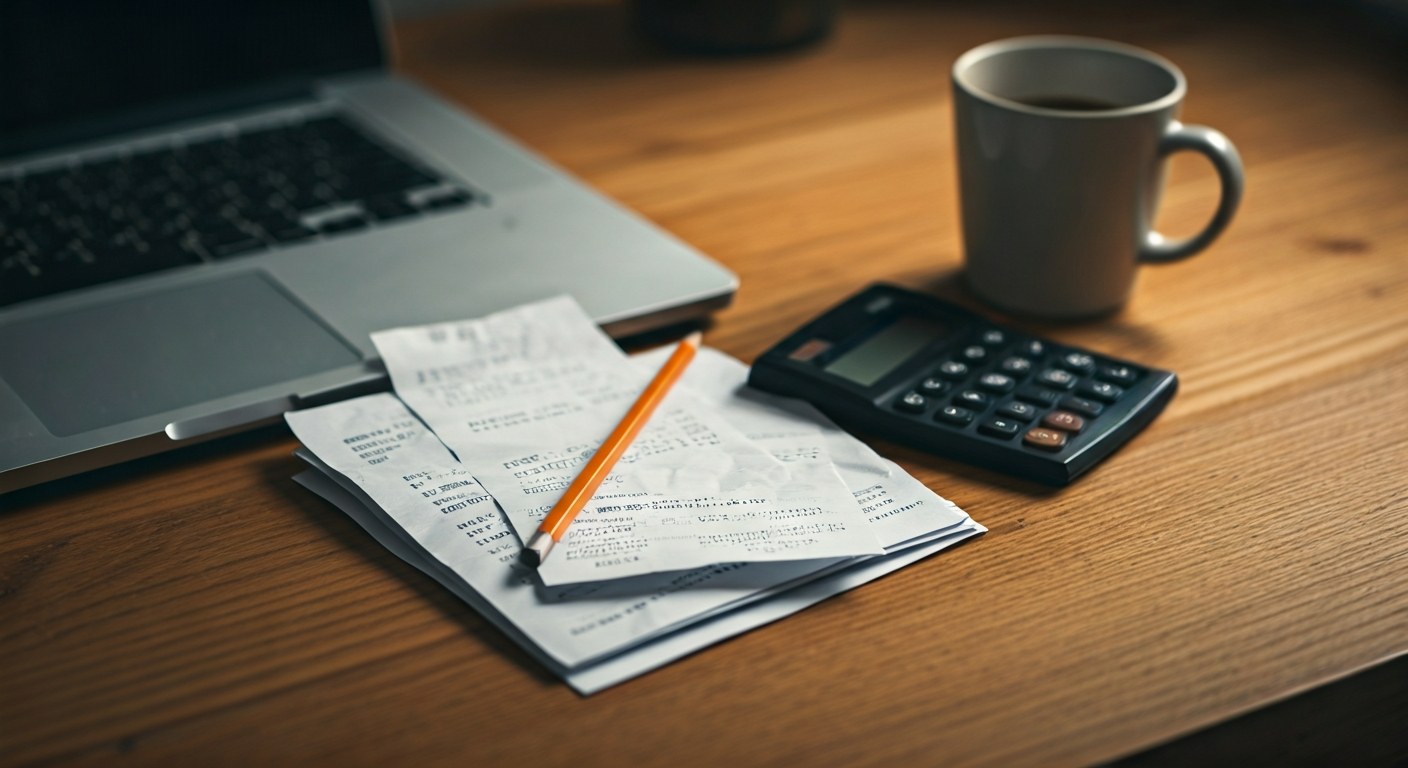 A desk with a stack of receipts, a calculator, and a coffee mug, representing small business expense tracking.