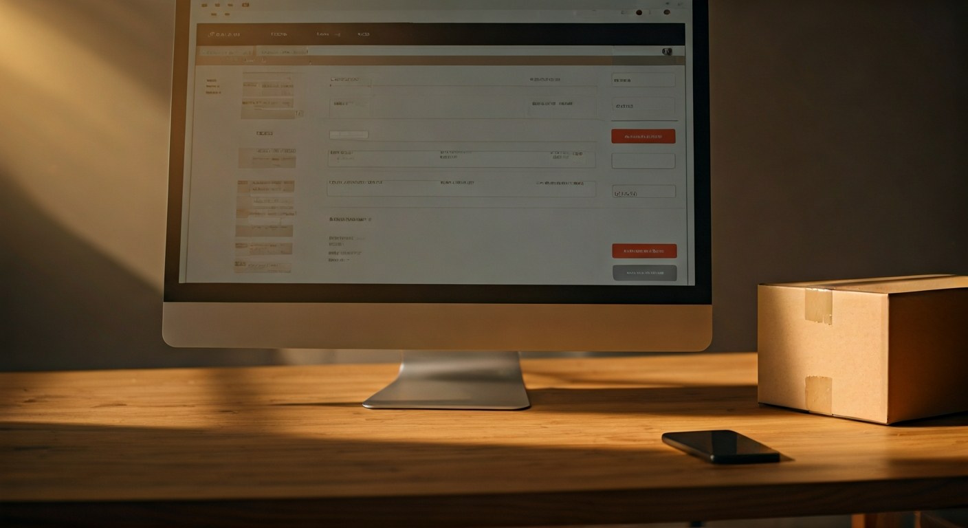A desk with a computer monitor showing a tracking interface and a small package ready for shipment.