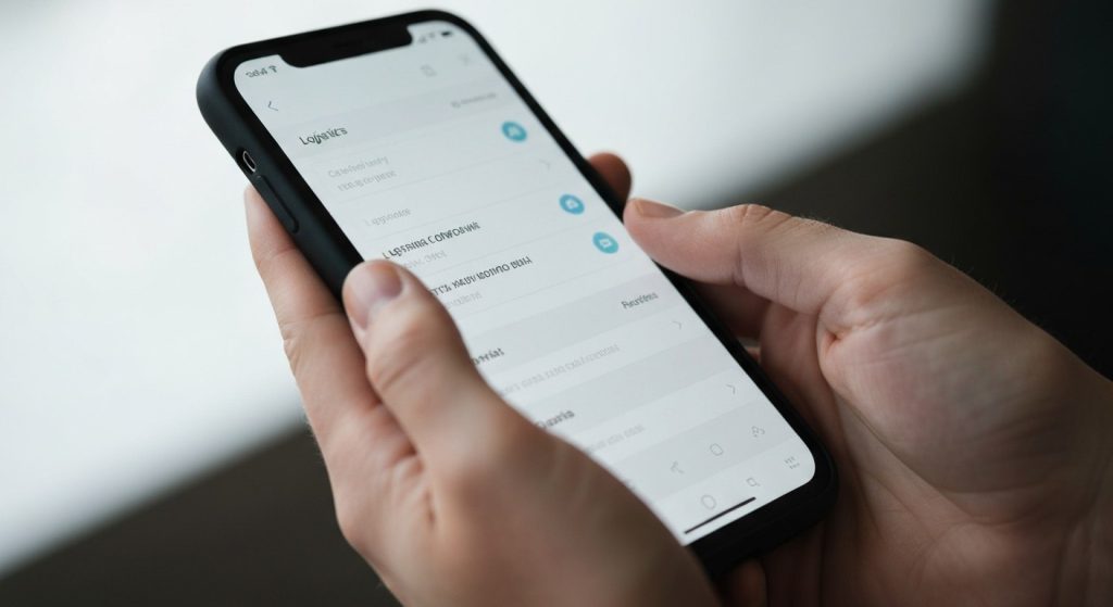 Close-up of hands holding a smartphone to check shipment tracking status.