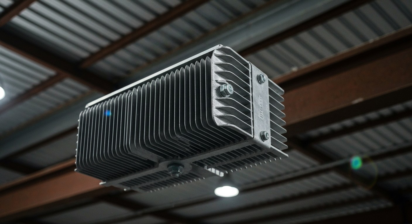Close-up of a circular UFO LED high bay light fixture with aluminum heat sinks mounted on a ceiling.