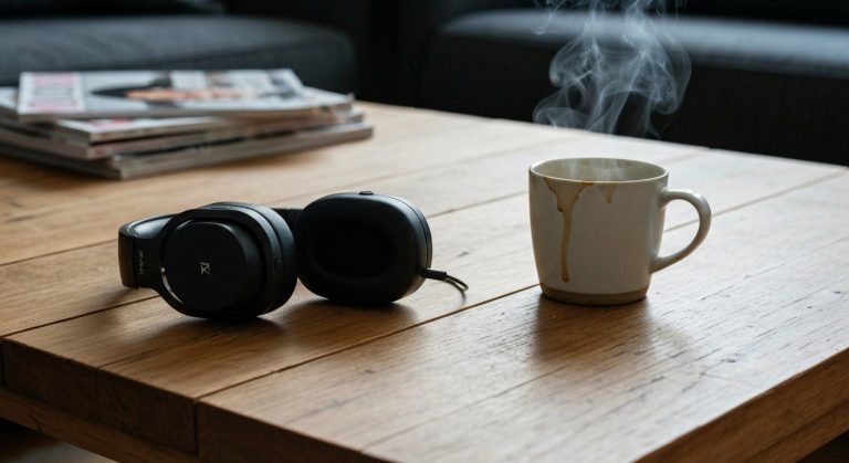 A pair of matte black headphones sits on a wooden coffee table next to a steaming ceramic mug in a bright room.