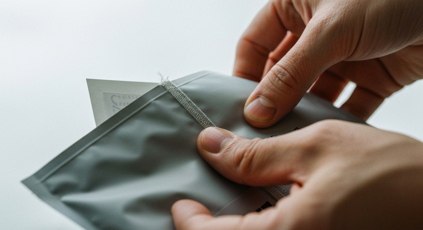 The Unboxing Experience Close-up view of hands opening a minimalist package.