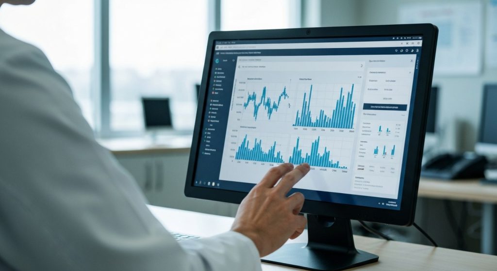 Close-up of a doctor interacting with a modern clinical data dashboard on a hospital computer screen.