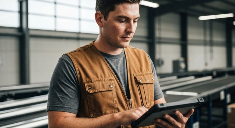 A UPS warehouse worker in a brown vest looks at a digital tablet inside a brightly lit modern distribution center.